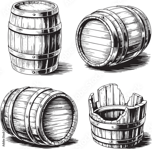 Hand drawn style old wooden barrel set isolated on transparent background