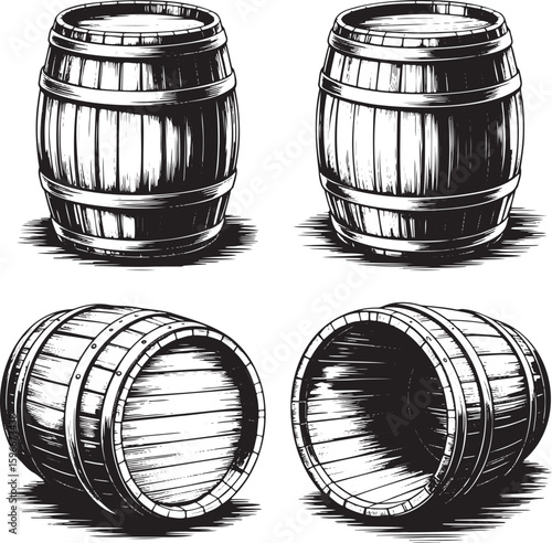 Hand drawn style old wooden barrel set isolated on transparent background