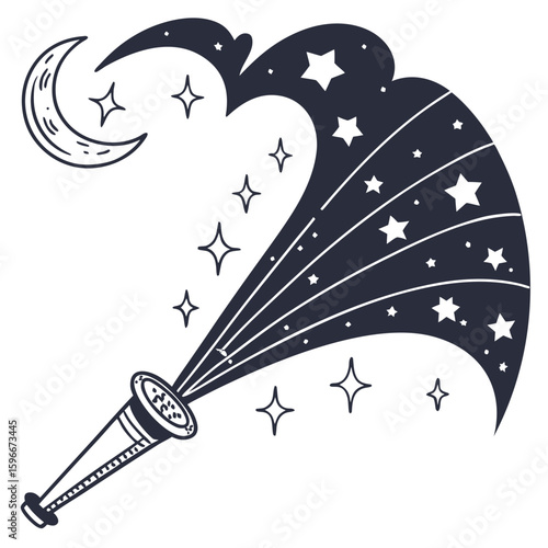 A telescope emitting stars and magic towards the moon