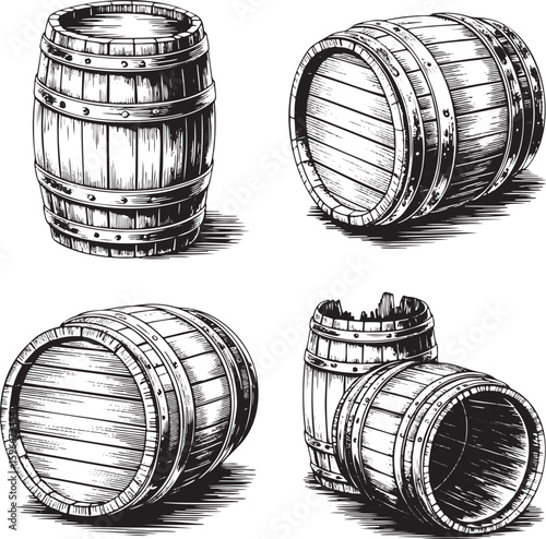 Hand drawn style old wooden barrel set isolated on transparent background