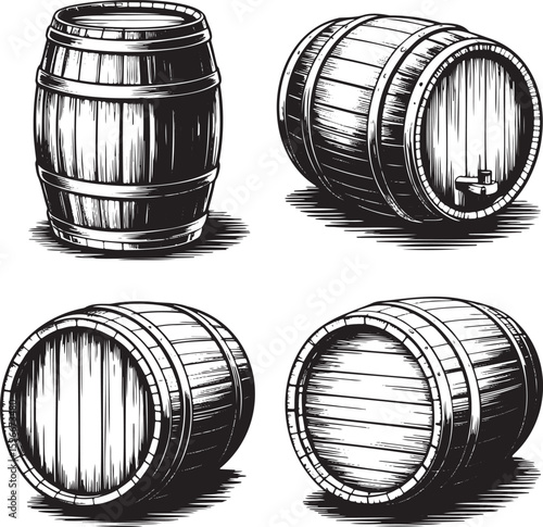 Hand drawn style old wooden barrel set isolated on transparent background