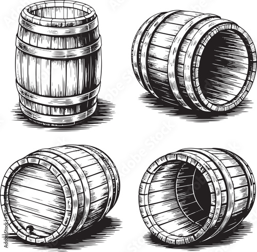 Hand drawn style old wooden barrel set isolated on transparent background