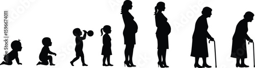 Female life stages illustration, woman growth timeline, aging process, from baby to elderly, development concept, generational journey, silhouette vector designFemale life stages illustration