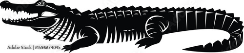 Alligator silhouette, detailed reptile vector, nature illustration, wildlife animal, predator graphic, educational design, open mouth, strong jaw, black and white