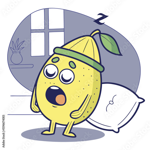 Sleepy lemon character yawns next to a pillow
