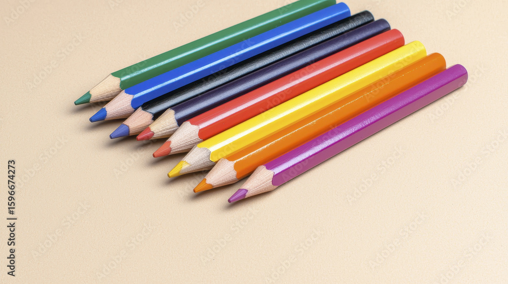 Fototapeta premium Colorful pencils arranged neatly on beige background create vibrant and artistic display, perfect for creative projects