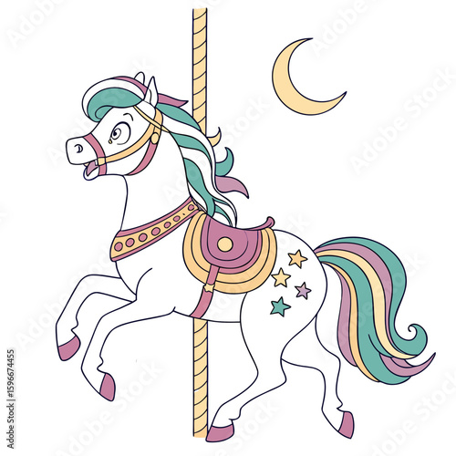 A whimsical carousel horse with a colorful mane and tail