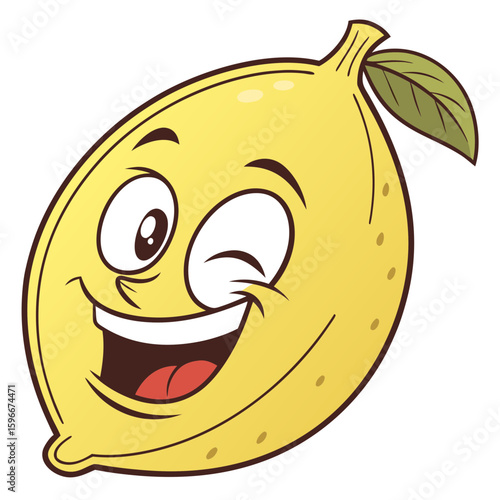 A cheerful cartoon lemon winking with a big smile
