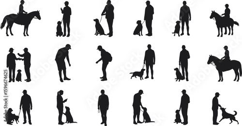 Human and animal silhouettes, horse riding, dog walking, pet companionship, outdoor activity, black vector design, animal care, bonding moments