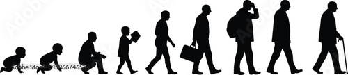 Human life stages, silhouette illustration, aging progression, childhood to elder, growth timeline, personal development, age journey, healthcare, awareness, support