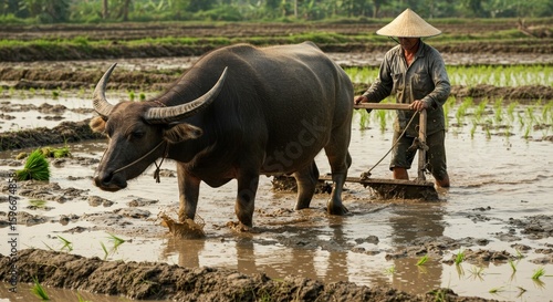 Farmer and Water Buffalo Plowing Rice Paddy Field in Southeast Asia