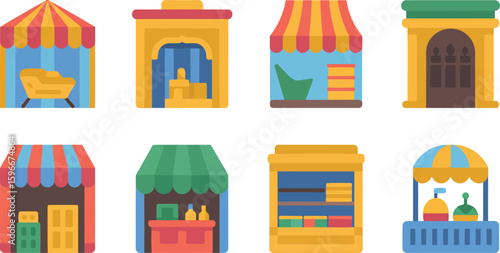 Middle Eastern Market Stalls Vector Set Featuring Colorful Awnings and Unique Structures