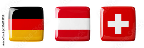 Glossy square icons with the national flags of Germany, Austria, and Switzerland on a white background.