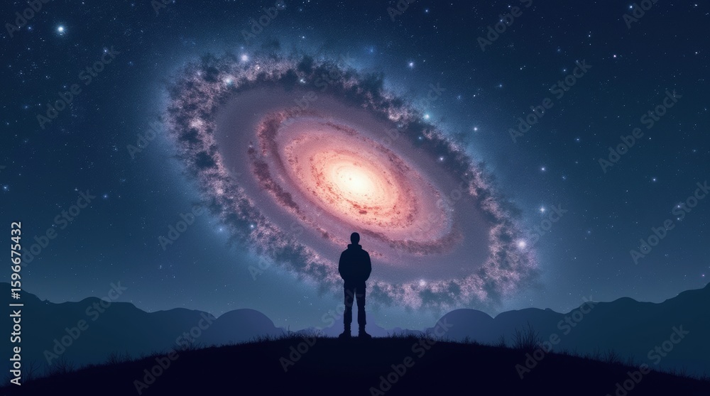 Obraz premium Silhouette of man on hilltop looking at bright galaxy, vibrant cosmic night sky.