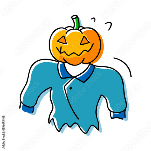 Headless horseman icon with a pumpkin head and tattered blue shirt in a playful style