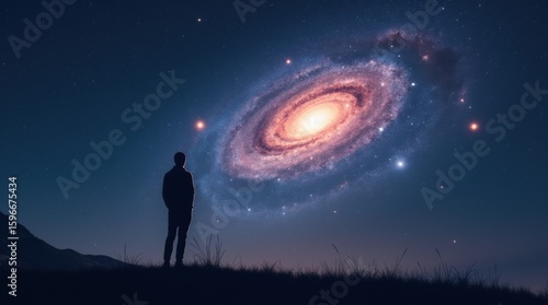 Silhouette of man on hilltop looking at bright galaxy, vibrant cosmic night sky.

