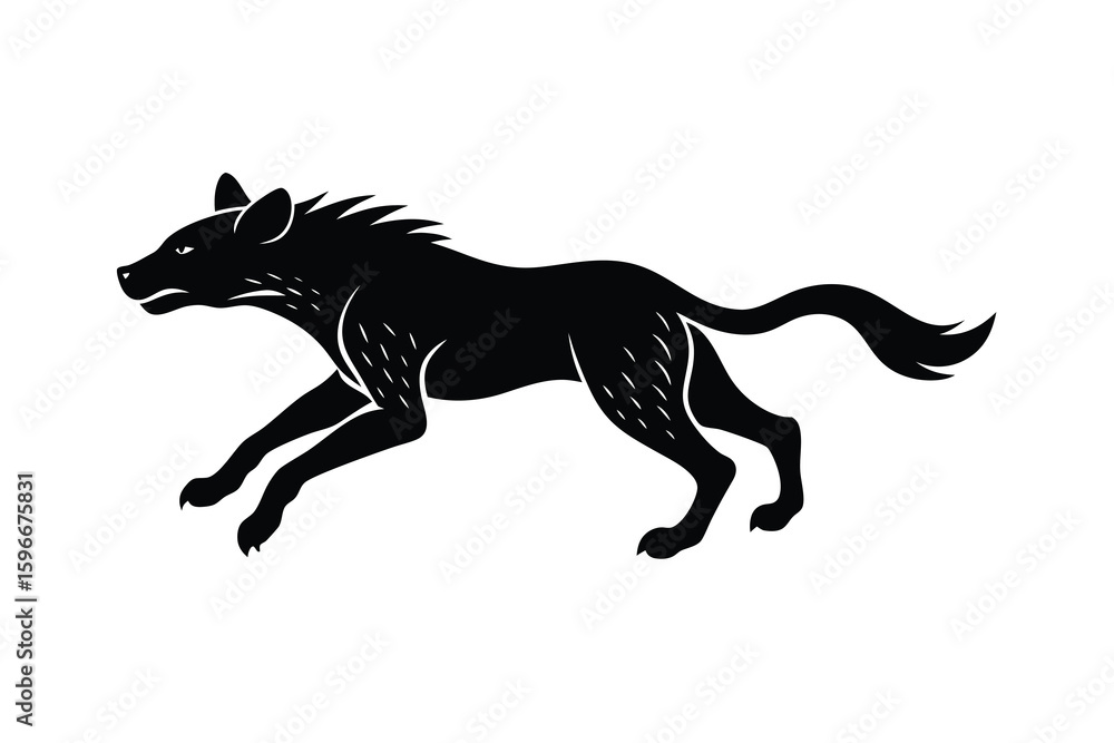 Fototapeta premium Stylized Black Silhouette of a Running Hyena Against a White Background
