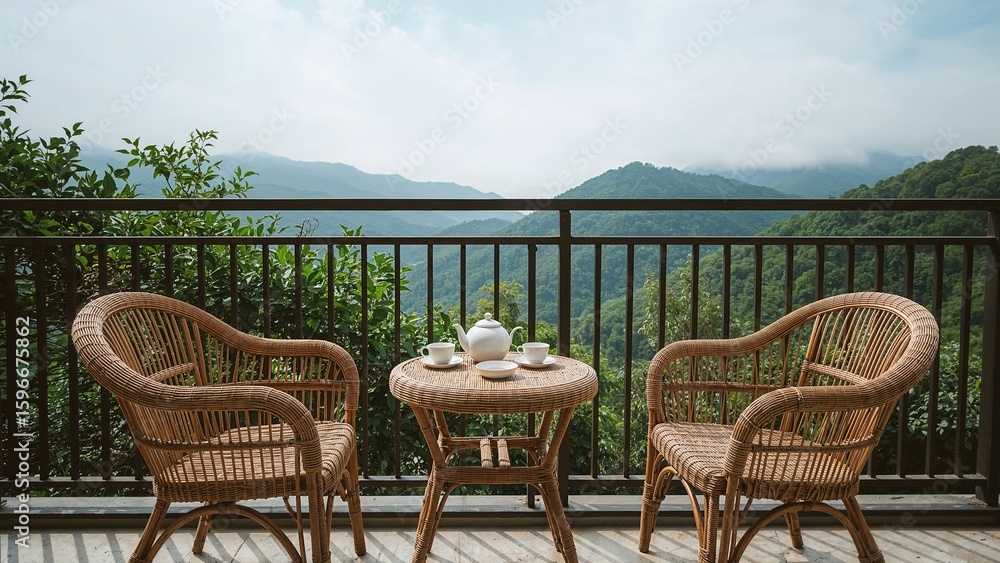 Obraz premium teapot set on table in the morning with mountain view at countryside home or homestay. Vacation, travel and trip concept