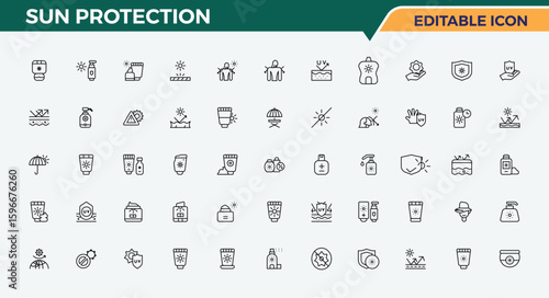 Sun Protection line icon set. Perfect for logos and infographic. Contains such symbols as ray, sun, sunscreen, skin, beauty, safe. Vector illustration. Pixel perfect. Safe line icon set.