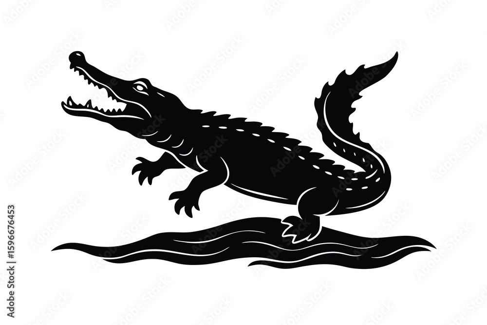 Obraz premium Black Silhouette of an Alligator Swimming in Water Vector Illustration on White