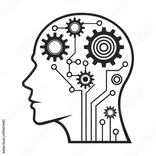Digital Mind: A creative illustration of the human mind, represented by interconnected gears, circuits, and cogs within the silhouette of a head, emphasizing intelligence and innovation.