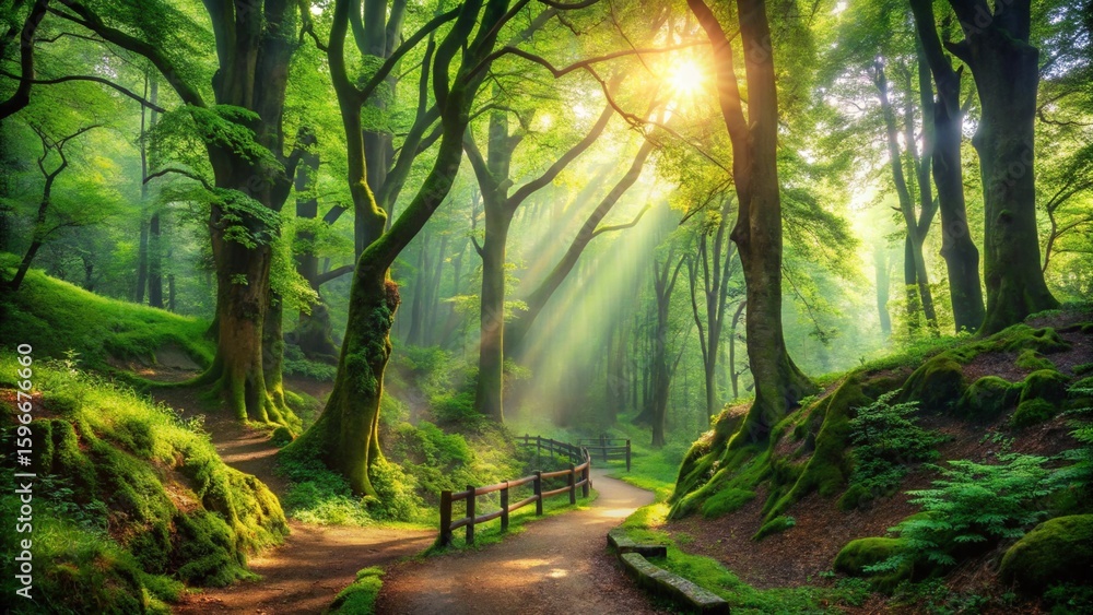 Obraz premium Rays of morning sun illuminate a misty forest path through green trees, highlighting the serene nature of the woods
