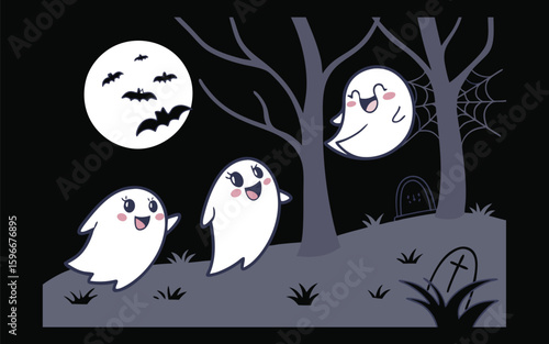 Playful Cute Halloween Ghosts Floating Friendly Whimsical Ethereal Spirits Adorable Spectres