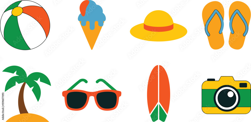 Obraz premium Summer Holiday Vector Icons Featuring Beach Balls, Ice Cream, Hats, and Flip Flops