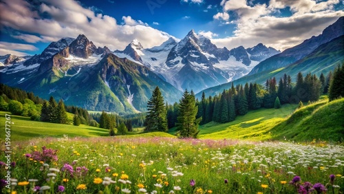 Alpine meadow in the Alps with vibrant summer flowers, green grass, and majestic mountain peaks under a clear sky