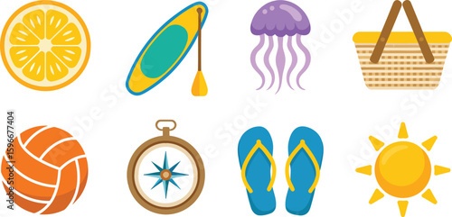 Summer Vacation Essentials Vector Set Featuring Orange Slice, Surfboard, Jellyfish, and Beach Basket