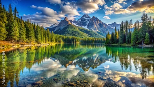 Serene mountain lake reflects the scenic landscape of snow-capped peaks and green forest under a vast sky, a perfect nature view