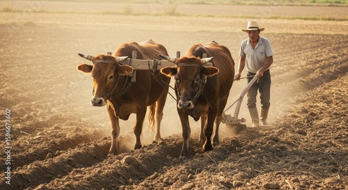 Farmer Plowing Field with Oxen, Traditional Agriculture Scene.