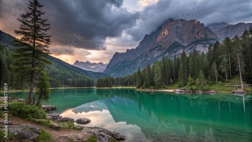 Lake Louise in Banff National Park, Canada, offers a scenic summer landscape with a stunning reflection of snow-capped mountains, green forests, and a clear sky on its glacial waters