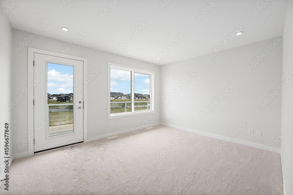 Fototapeta premium Large, empty room with a white door and two windows