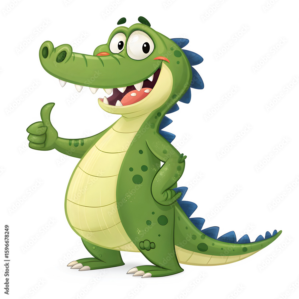 Fototapeta premium Cheerful Cartoon Crocodile: A delightful cartoon crocodile with a vibrant green hue flashes a friendly smile and gives a thumbs-up.