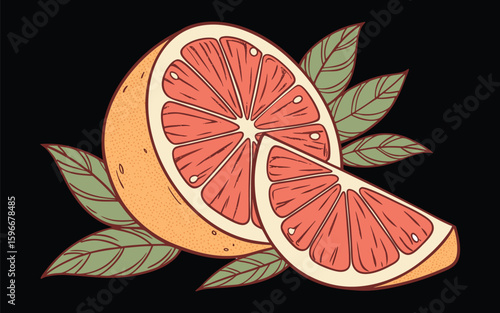 Juicy ruby red grapefruit slice with green leaves