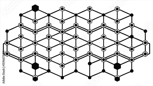 Abstract geometric pattern of interconnected hexagons and circles with highlighted nodes representing a complex network or crystalline structure in black and white