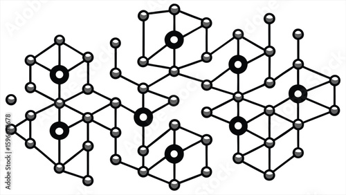 Abstract geometric lattice structure with interconnected nodes and highlighted central spheres representing a complex molecular or crystalline arrangement in a scientific illustration