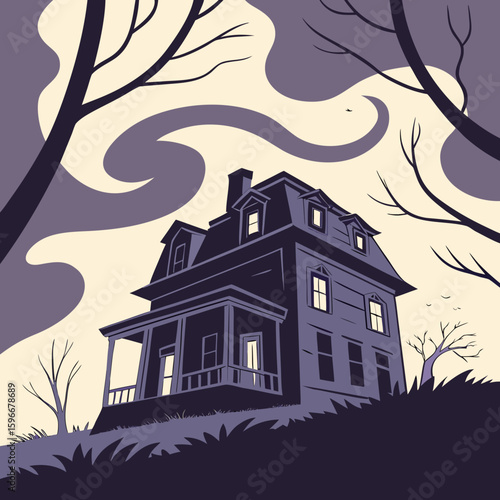 Haunted house in a ghostly mist with dark trees in the background