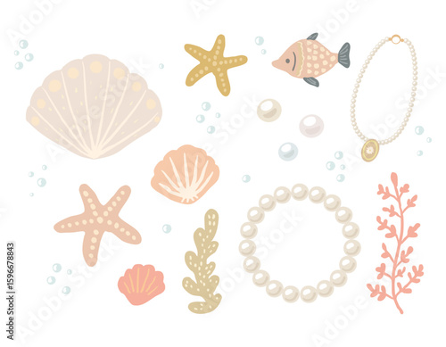 Hand drawn soft pastel color sea themed illustration, isolated mermaid core elements set.