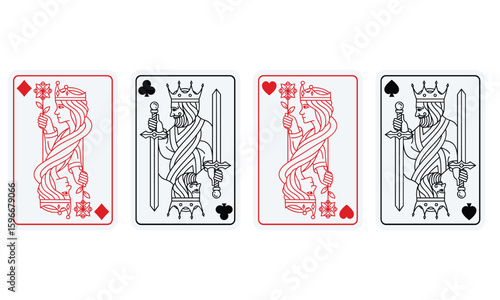 King and queen playing card vector template illustration set of hearts, Spade, Diamond and Club in red and black color