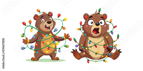 Surprised Bear Tangled in Christmas Lights Funny Holiday Vector Illustration – Cute Winter Animal Design for Festive Cards, Merchandise, and Seasonal Decorations