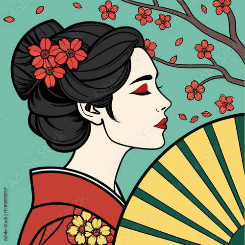 Japanese geisha with cherry blossoms and fan traditional art style elegant woman in kimono asian culture art