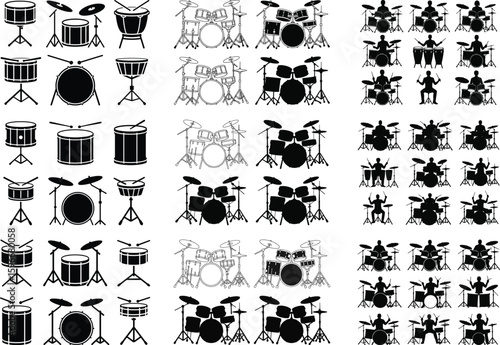 Drum Set Silhouette Bundle – Music Instrument Vector, Percussion Kit Clipart, Rock Band Elements