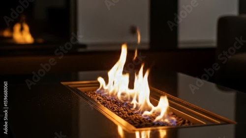Modern indoor ethanol fireplace burning with warm flames on a table with reflections