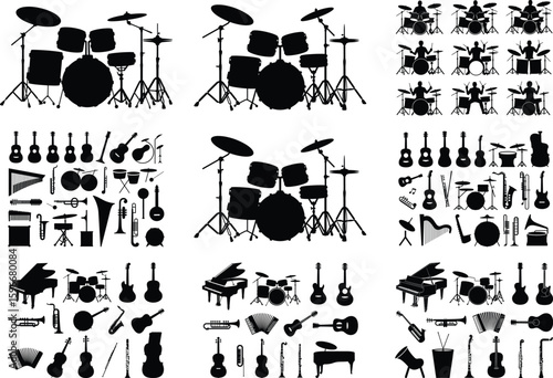 Drum Set Silhouette Bundle – Music Instrument Vector, Percussion Kit Clipart, Rock Band Elements