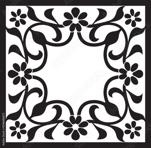 Black floral ornamental frame with swirling vines and petal flowers white