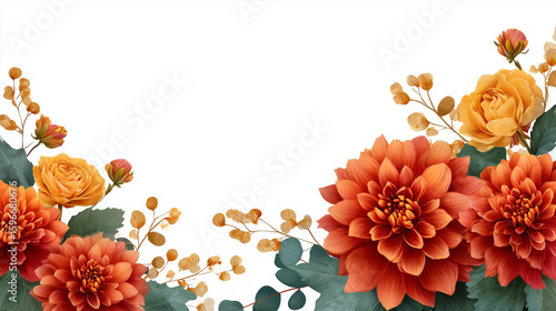 Elegant Floral Arrangement of Dahlia and Rose on White Background for Wedding Invitation Design