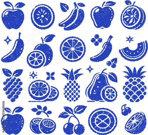 A collection of stylized blue fruit vector with a textured, stamp-like appearance. The various fruits are arranged in a pattern, highlighting their unique shapes