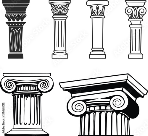 decorative columns clip art, black and white vector illustration.